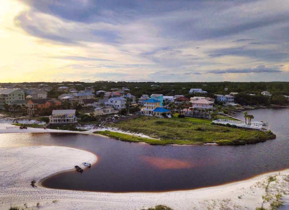 Aerial View of the Eastern Lake Outflow at Seagrove Beach, Florida near Sunset.