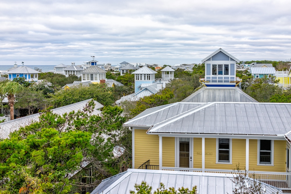 Seaside, Florida and cityscape of terrace buildings houses from balcony.