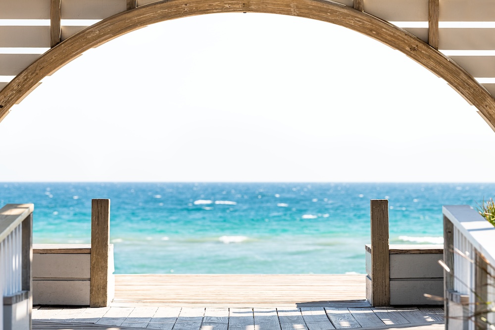 Seaside, Florida framing of wooden pavilion gazebo architecture by beach